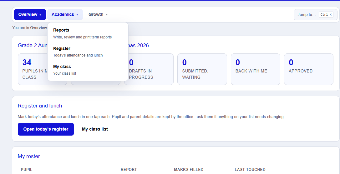 Cheruta teacher menu showing reports, register and my class